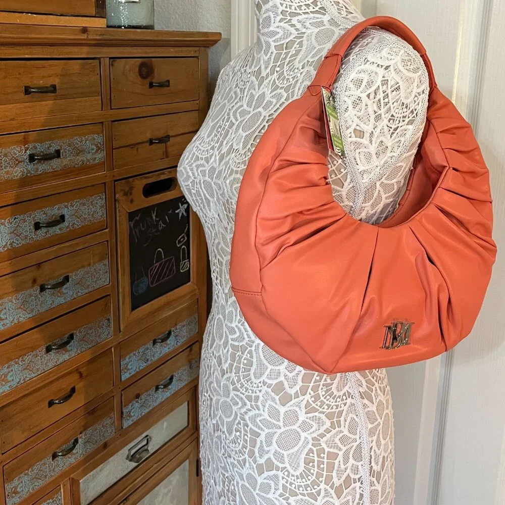 Badgley Mischka - Pleats Shoulder Bag - Coral/ Orange Vegan Leather - NWT